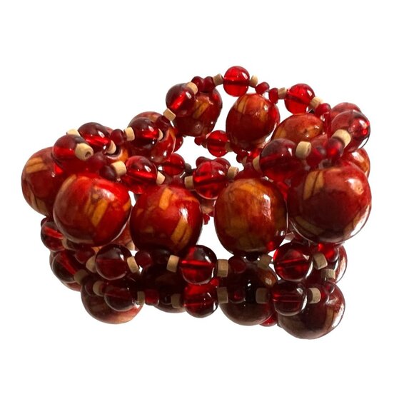 Tribal Beaded Double Strand Stretch Bracelet Red and Yellow Marble Womens - Picture 2 of 5